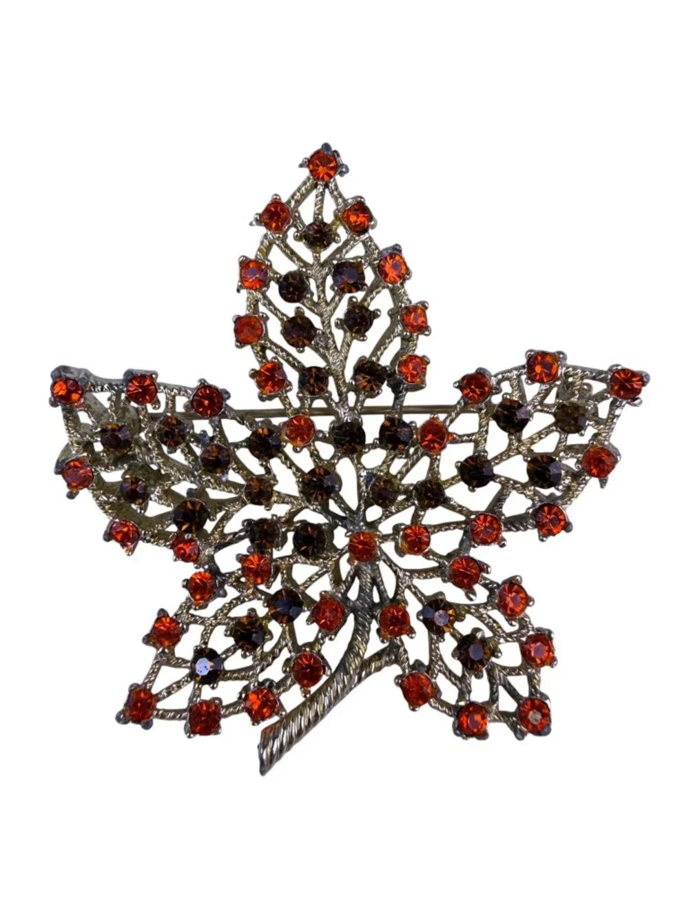 Red Orange Rhinestone Maple Leaf Brooch With Pin Gold Tone Statement Jewelry